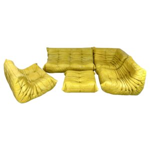 Lot de Canapés Togo original en cuir jaune 5 pièces de Michel Ducaroy Ligne Roset