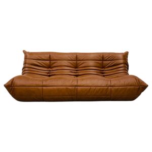 Canapé Togo français en cuir cognac foncé de Michel Ducaroy pour Ligne Roset